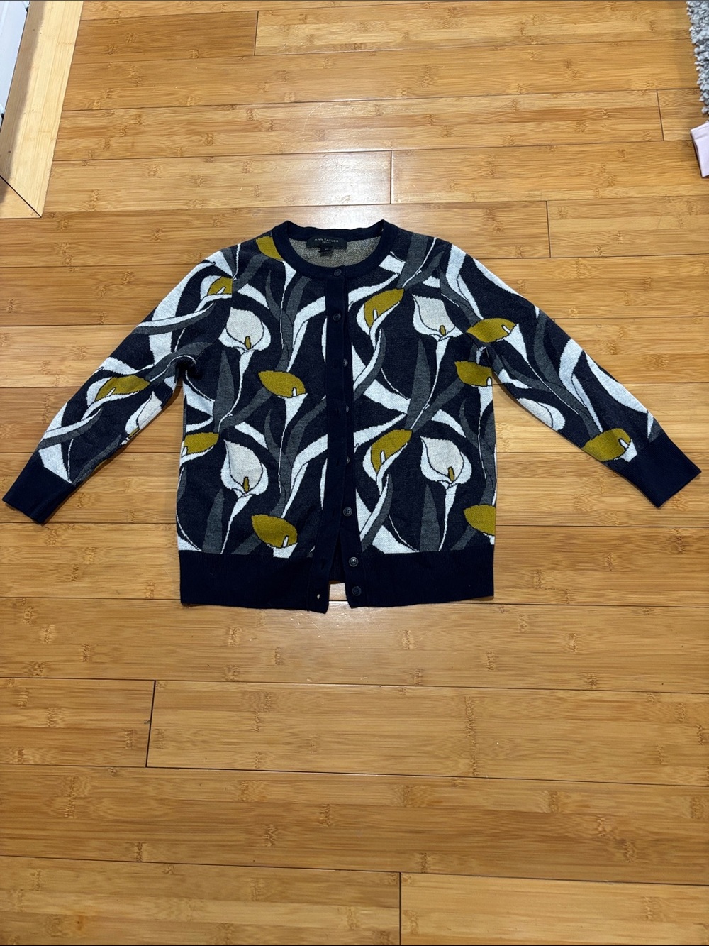 Ann Taylor Black, White & Olive Floral Cardigan